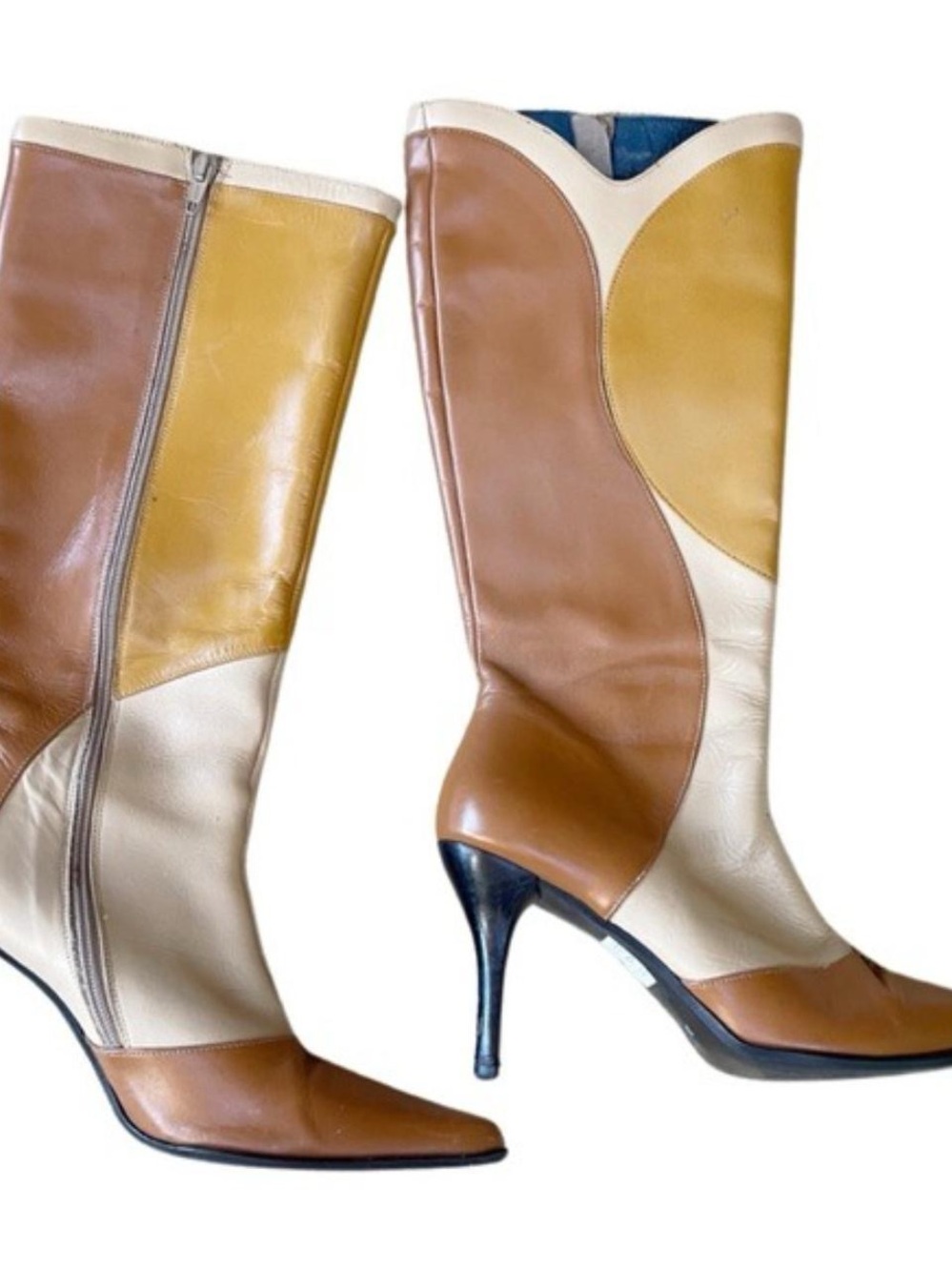Vintage Tan, Brown & Cream Colorblock Mid-Calf Heeled Boots